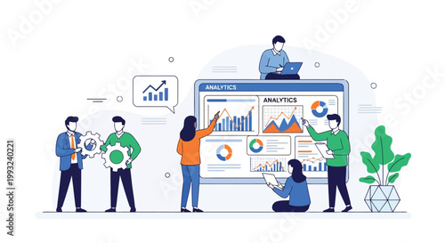 Illustration of team of professionals analyzing data and charts on a large computer screen, discussing business strategy and growth, isolated on