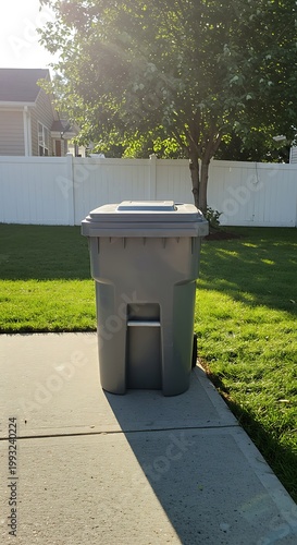 Sunlit Gray Trash Can on Patio: A Serene Backyard Moment