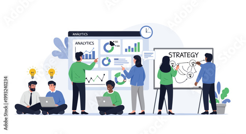 Illustration of business team brainstorming ideas and developing strategy on a whiteboard and laptop, analyzing data and charts, isolated on