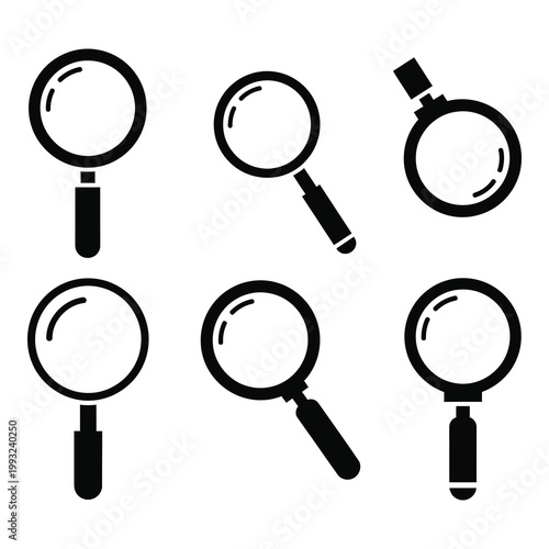 Collection of magnifying glass icons in different angles and positions icon