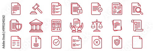 notary document icon set vector. legal and justice system outline icons, law attorney vector set. Law and justice icon set. Legal Law Document and Justice Court Vector Icon Set