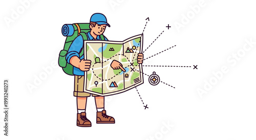 Man with backpack holding a map.