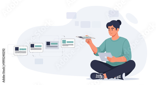 Man with tablet organizing digital cards, concept of project management and workflow.