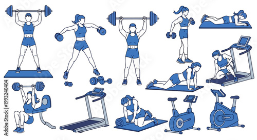 Woman exercising with various gym equipment.