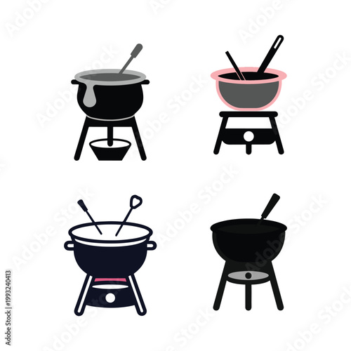Four different fondue pots with stands and utensils for social gatherings and meals  fondue cooking  cheese fondue  chocolate fondue