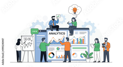 Illustration of team of analysts working on data analytics and strategy planning, using charts and graphs on a large screen and whiteboard, isolated on