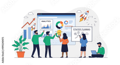 Illustration of team of people collaborating on a strategy planning session with charts, graphs, and rockets symbolizing growth and success