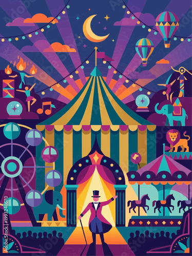 Ringmaster welcoming guests to colorful circus tent under moon, flat vector, purple, entertainment