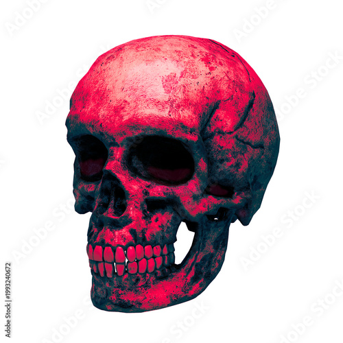 Grungy Blood Red Skull 3D Render – Dark Horror Human Cranium with Black Shadows and Grit Texture