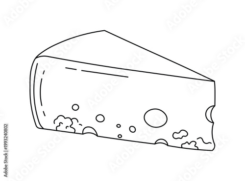 Triangle wedge of swiss cheese with holes drawn in professional line art style for food and culinary design assets