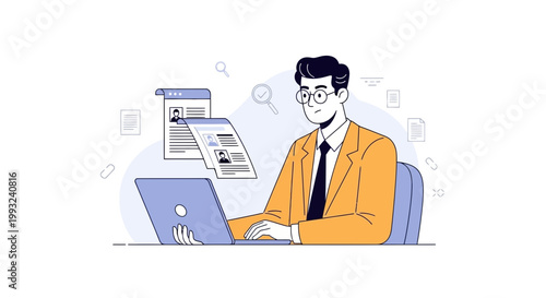 Man working on laptop with resumes, recruitment and hiring concept