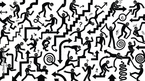 Chaotic maze with dynamic human figures and directional arrows Vector