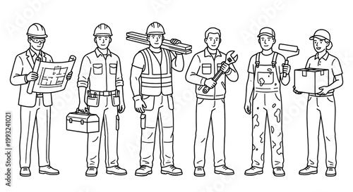 Construction workers line art set with different professions isolated on white background