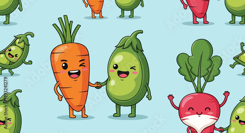 Cute cartoon vegetables pattern with a carrot and a pea pod shaking hands, smiling and winking on a light blue background.