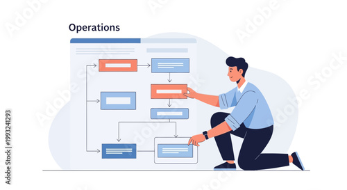 Man working on operations flowchart, business process management, strategy planning