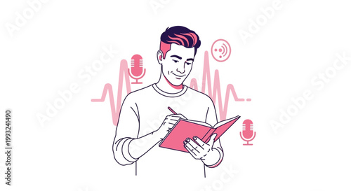 Man writing in notebook with podcasting icons and sound waves
