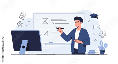 Online Education Teacher Presenting Lesson on Whiteboard with Computer