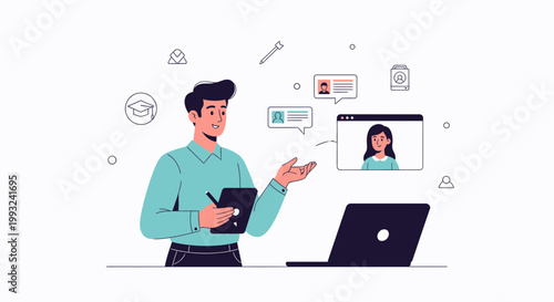 Online Education: Teacher Conducting Virtual Class with Students via Video Conference