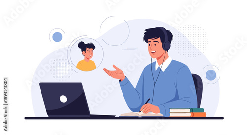 Online learning: student with headphones on video call, writing notes