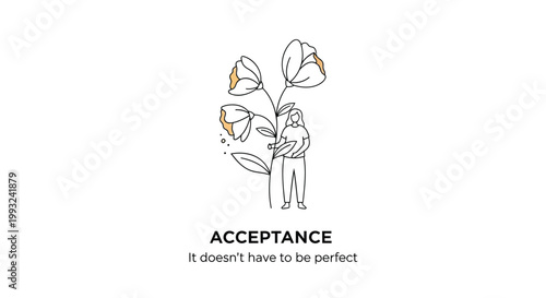Minimalist line art illustration, acceptance quote, motivational symbol, floral design