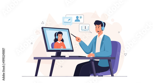 Online meeting with remote team, man in headset teaching, video conference
