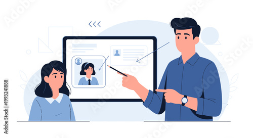 Online training, e-learning, presentation, business meeting, digital education, man teaching woman