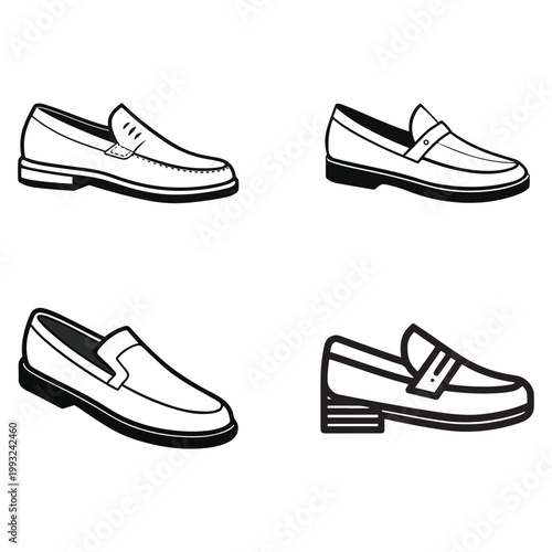 Four different types of loafers with various heel designs and stitching details shown in black and white line art on a white background