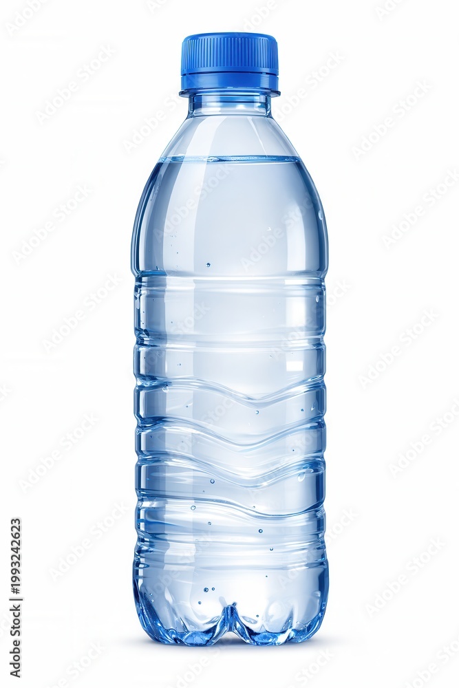 Fototapeta premium Clear plastic water bottle with blue cap fresh drinking water container isolated on white background