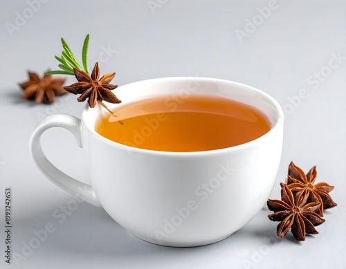 Steaming star anise tea in white cup on gray background, cozy winter spice beverage, soft studio lighting, 3D render style, AI generated digital art
