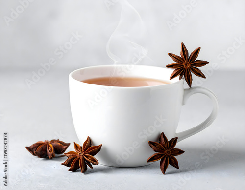 Minimal white cup with star anise spices and steam on bright background, cozy winter beverage still life, soft studio lighting, 3D render style, AI generated digital art