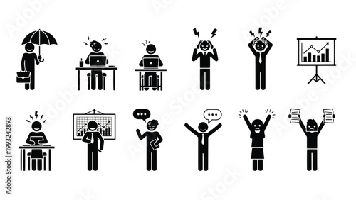 The journey of an office worker through various workday emotions and achievements Vector