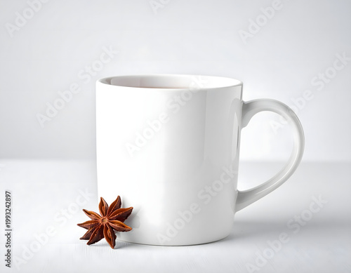Minimalist White Ceramic Mug Mockup with Star Anise Spices, Warm Culinary Concept, Clean Studio Lighting, AI generated digital art