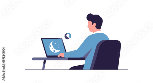 Young Man Using Laptop to View Night Sky with Moon