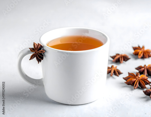 Steaming star anise tea in white cup on gray background, cozy winter spice beverage, soft studio lighting, 3D render style, AI generated digital art