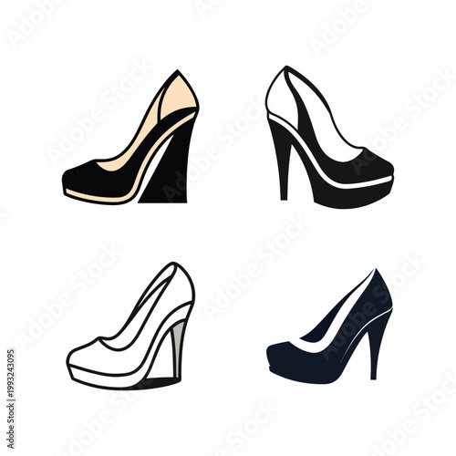 Four high heel shoes in black and white colors with different designs  fashion footwear