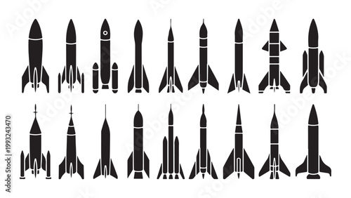Various missile and rocket silhouette shapes for aerospace engineering and defense technology concepts.