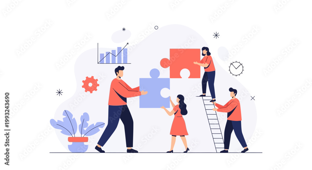 Fototapeta premium Teamwork and Collaboration: People assembling puzzle pieces, business strategy concept