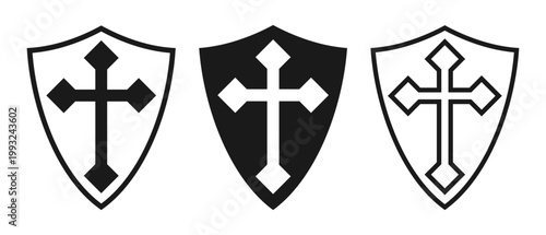 Shield with cross collection. Coat of arms christianity icon symbol. Heraldry crusade logo sign. Vector illustration image.