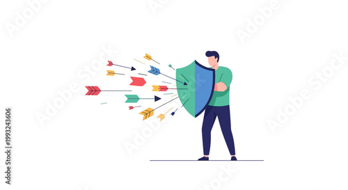 Man Shielding Against Clouds of Arrows with Protective Shield