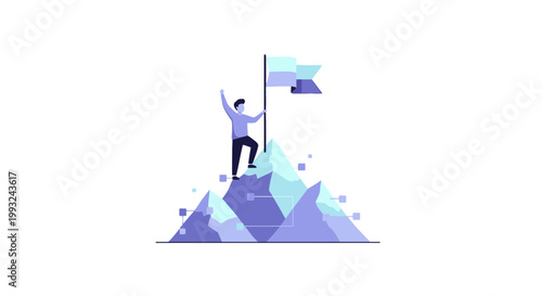 Person Celebrating on Mountain Peak Holding Flag Illustration