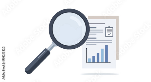 Magnifying glass analyzing documents with charts and graphs for research