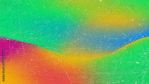 Vintage grainy gradient background, retro colorful abstract texture with film dust and scratches, vibrant neon liquid wave backdrop for creative design