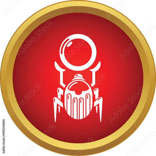 Egyptian scarab beetle with a sun disk above on a red background with a golden border