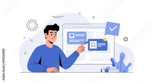 Man pointing at digital profile card on computer screen, online profile creation concept