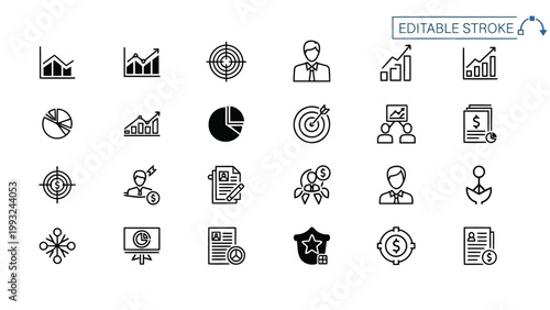 Collection of diverse business and financial icons for presentations and documents Vector