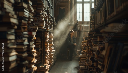 There is a woman that is standing in front of a stack of books