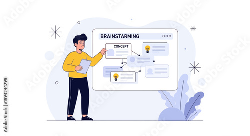 Man presenting brainstorming concept on screen, idea generation, business strategy, teamwork
