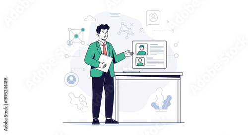 Man presenting candidates on screen, recruitment, hiring, hr, job search, business meeting