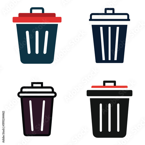 Four trash cans with different colored lids and bodies for recycling and waste management  isolated on white background