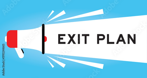 Color megaphone icon with word exit plan in white banner on blue background